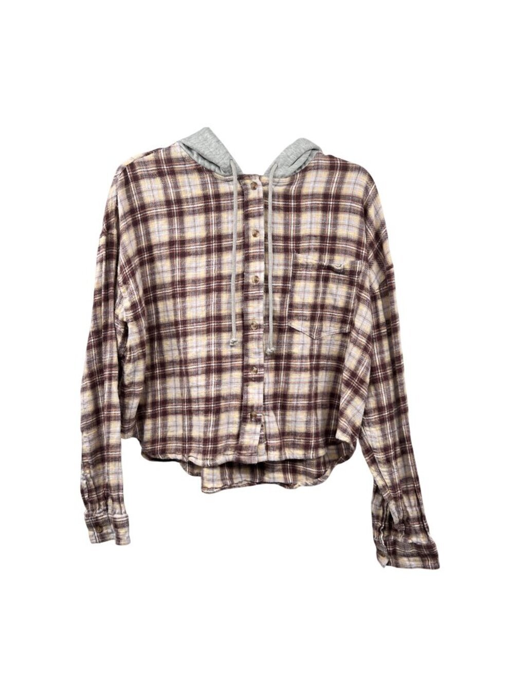 Aeropostale Womens Plaid Crop Top Button Up Hooded Brown/Multi Size Large
